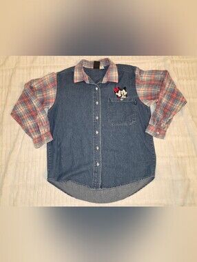 Vintage 90s Mickey Unlimited Denim Button-Up Shirt with Plaid Sleeves